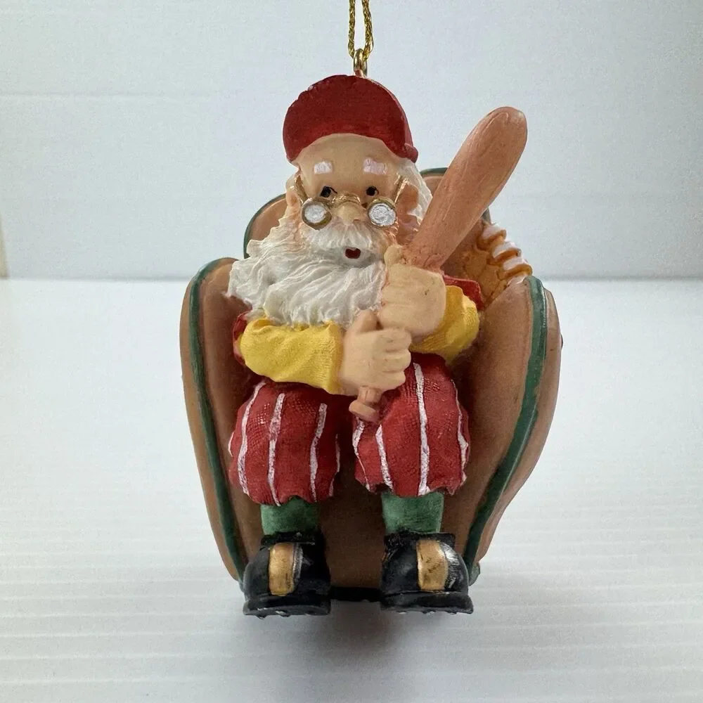 Vintage Baseball Santa Ornament Santa Holding Bat in Glove Chair Sports Xmas